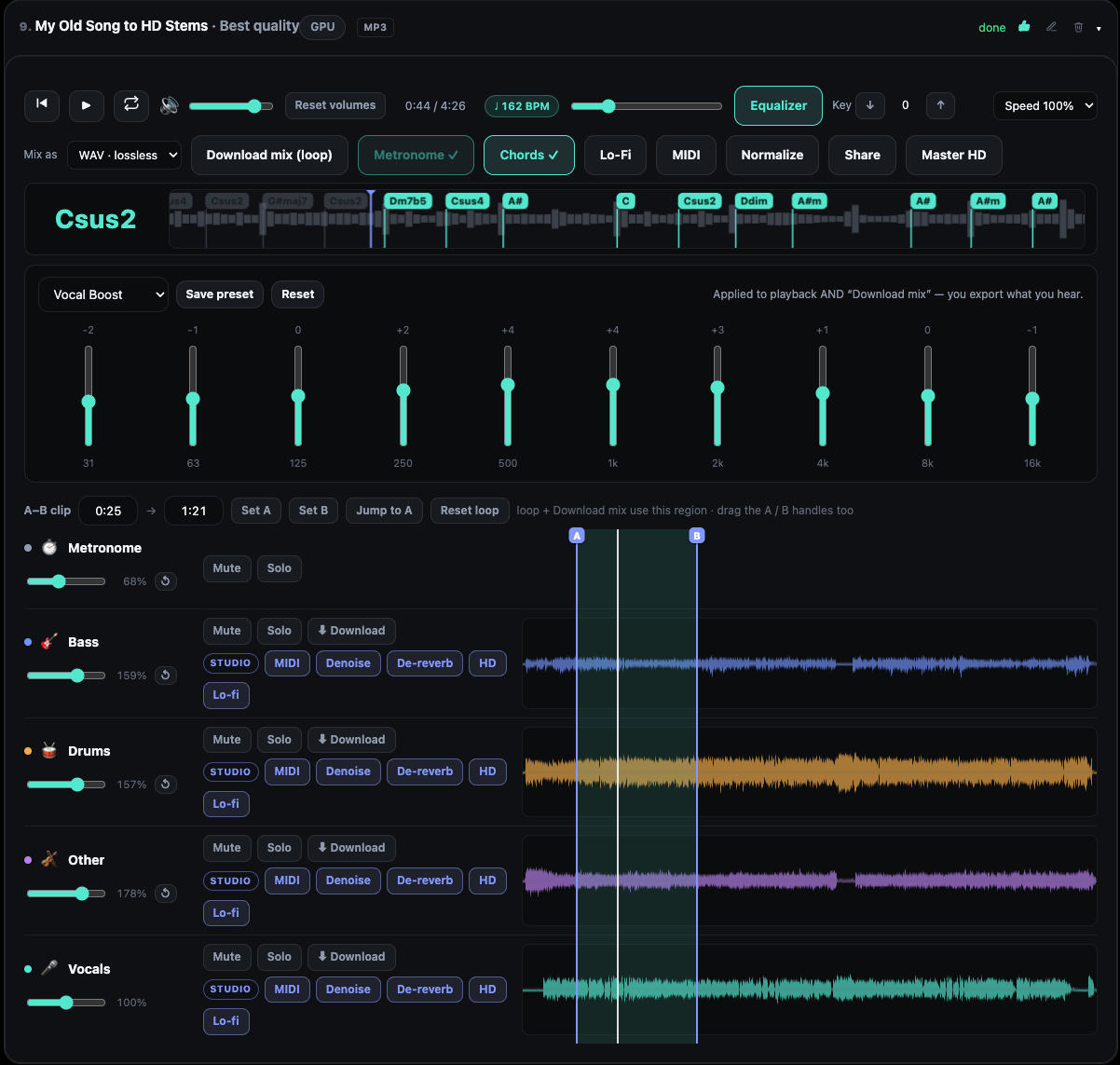 AudioStem.ai online audio mixing studio with synchronized stem waveforms, mixer controls and a 10-band equalizer.